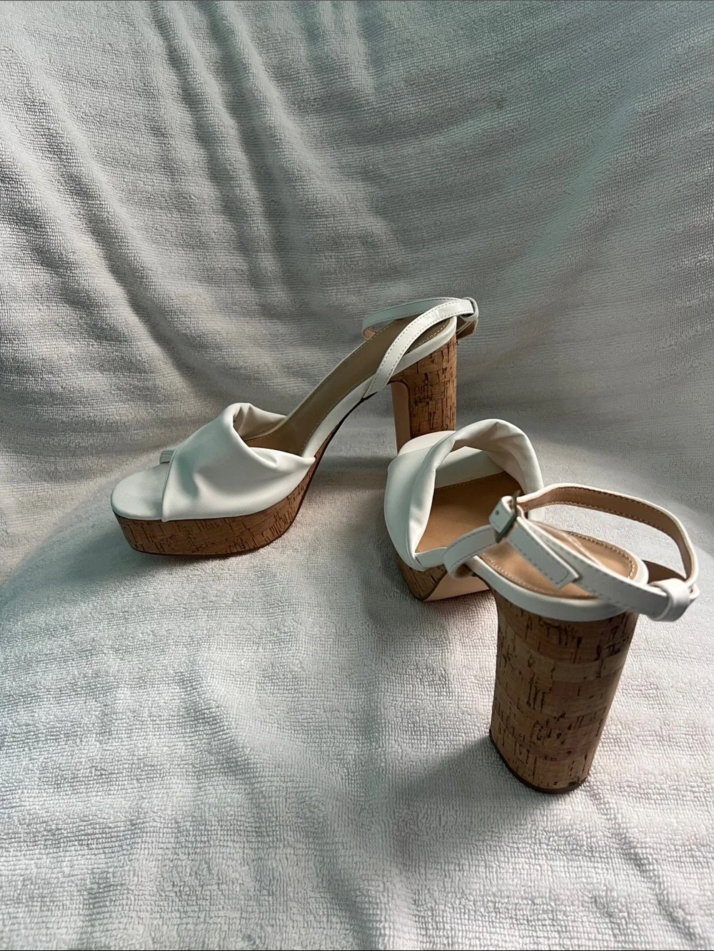 JustFab White Cork Platform Ankle-Strap Heels Size 9.5 White Block Heels